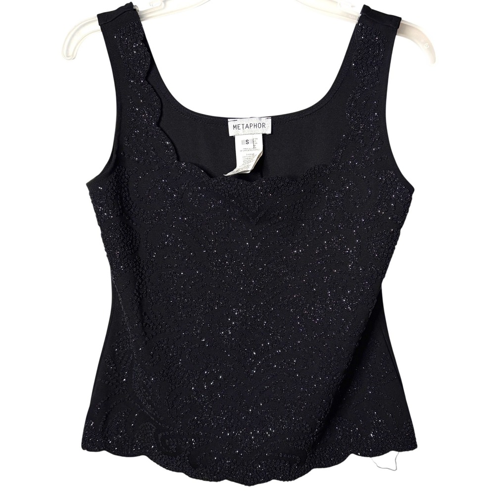 Vintage Y2K Metaphor Beaded Tank Top Womens S Black Embellished Quiet Luxury